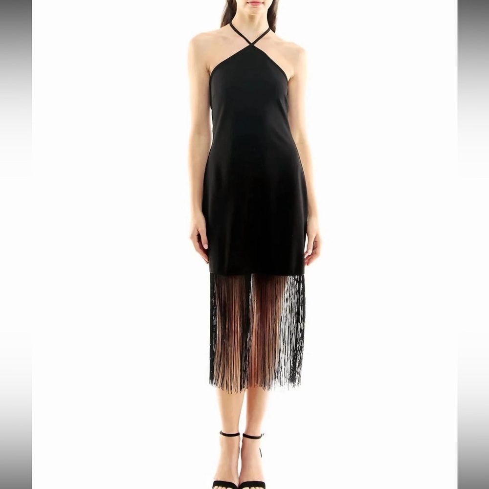 NICOLE MILLER Wren Fringe Halter Midi Dress Black Size 12